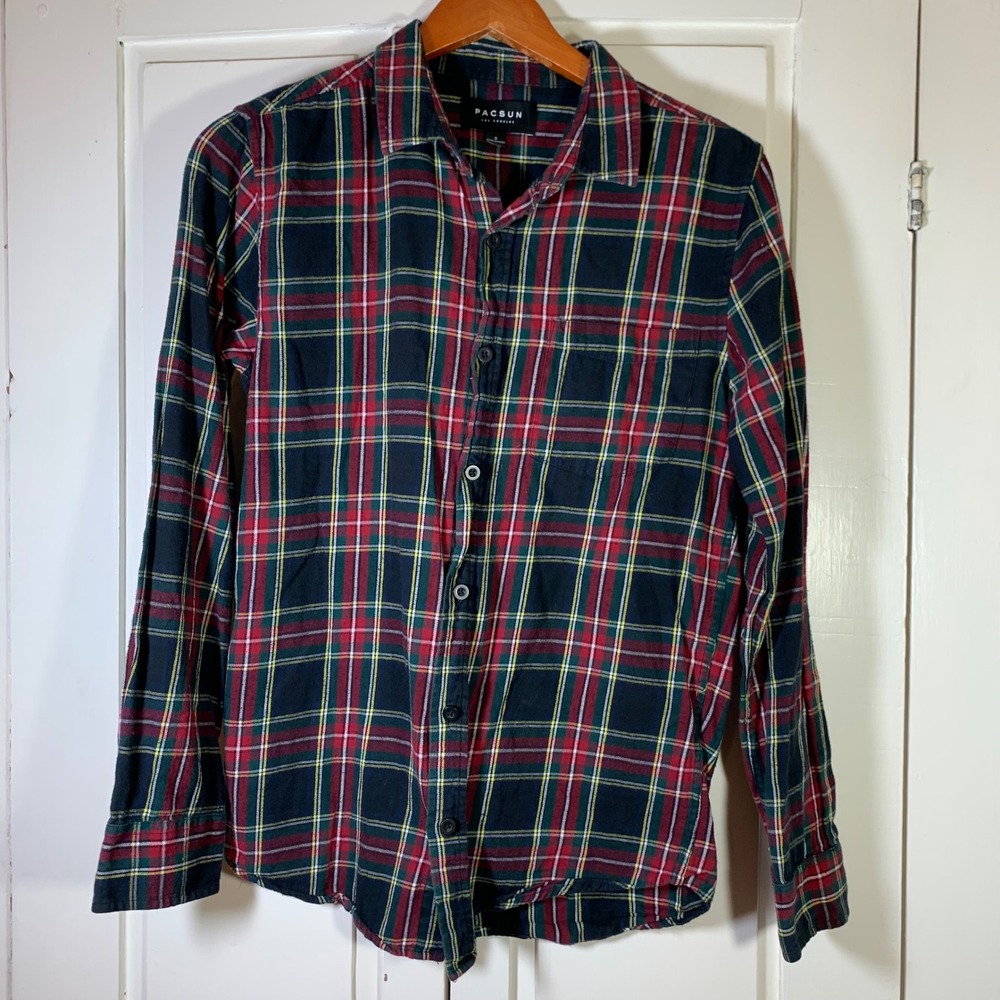 PacSun Mens Red Green Plaid Flannel Button Down Shirt Small‎ Cotton Long Sleeve